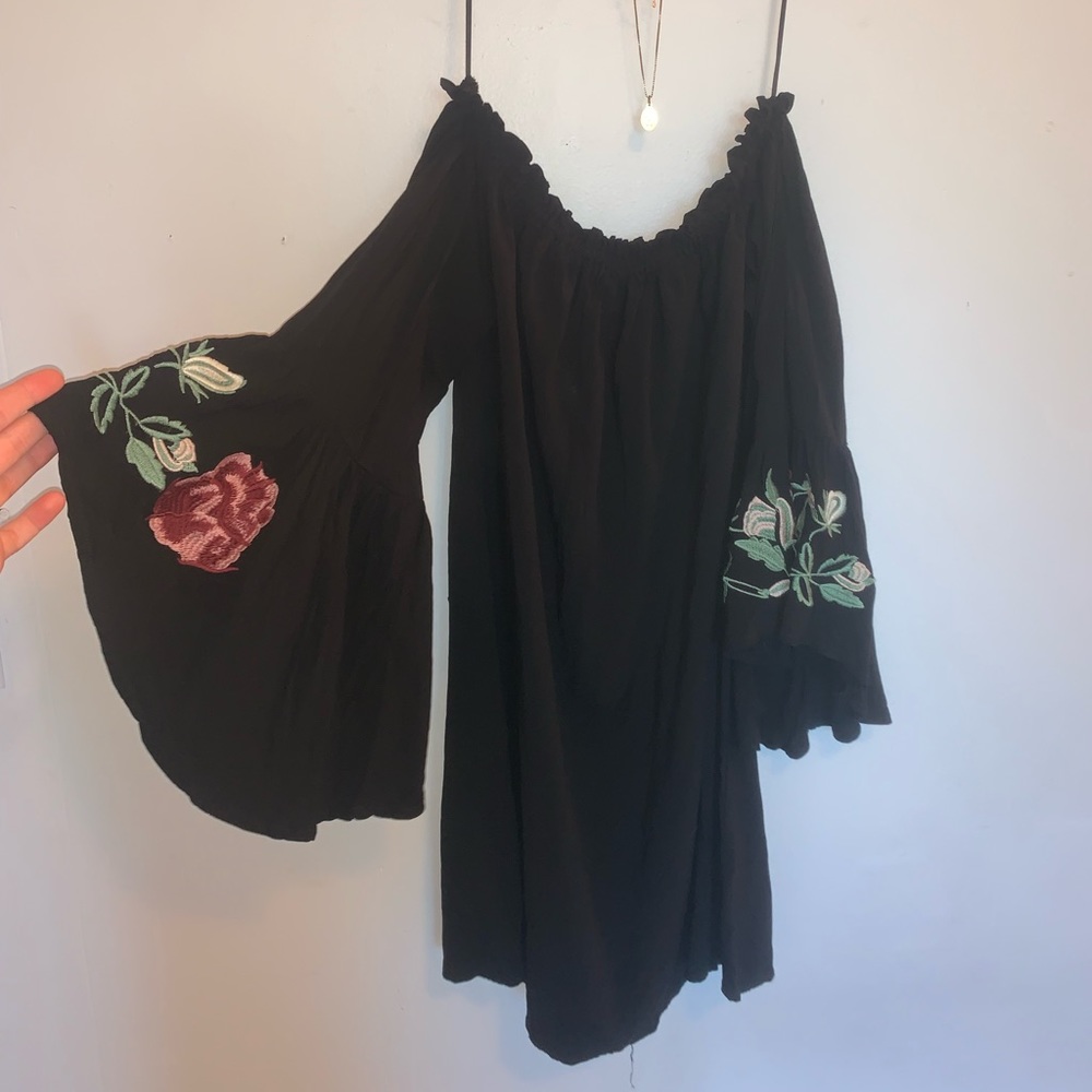 Black Off The Shoulder Embroidered Sleeve Dress